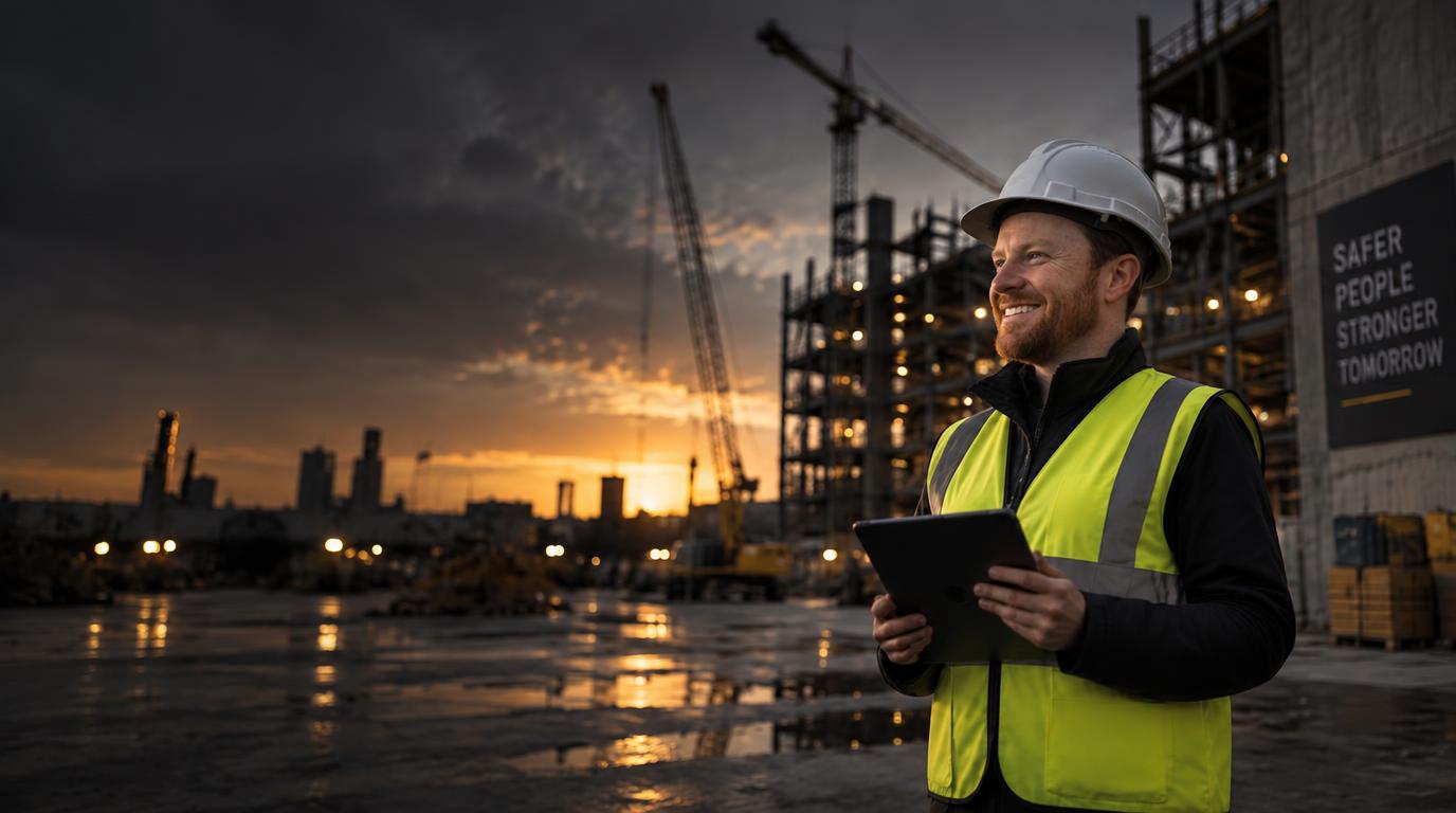 Safety consultant reviewing a construction site at dusk
